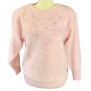 Vintage 80s Carducci Fuzzy Angora Embroidered Beaded Gem Feminine Sweater